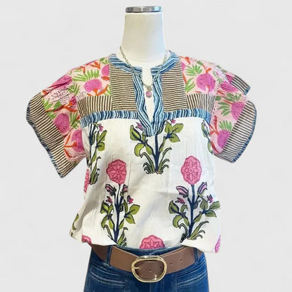 Elarion | Mixed Floral Print Puff Sleeve Notch Neck Boho Blouse