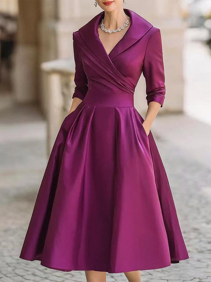 Reece | Satin Wrap Collar V Neck A-Line Midi Elegant Wedding Guest Dress
