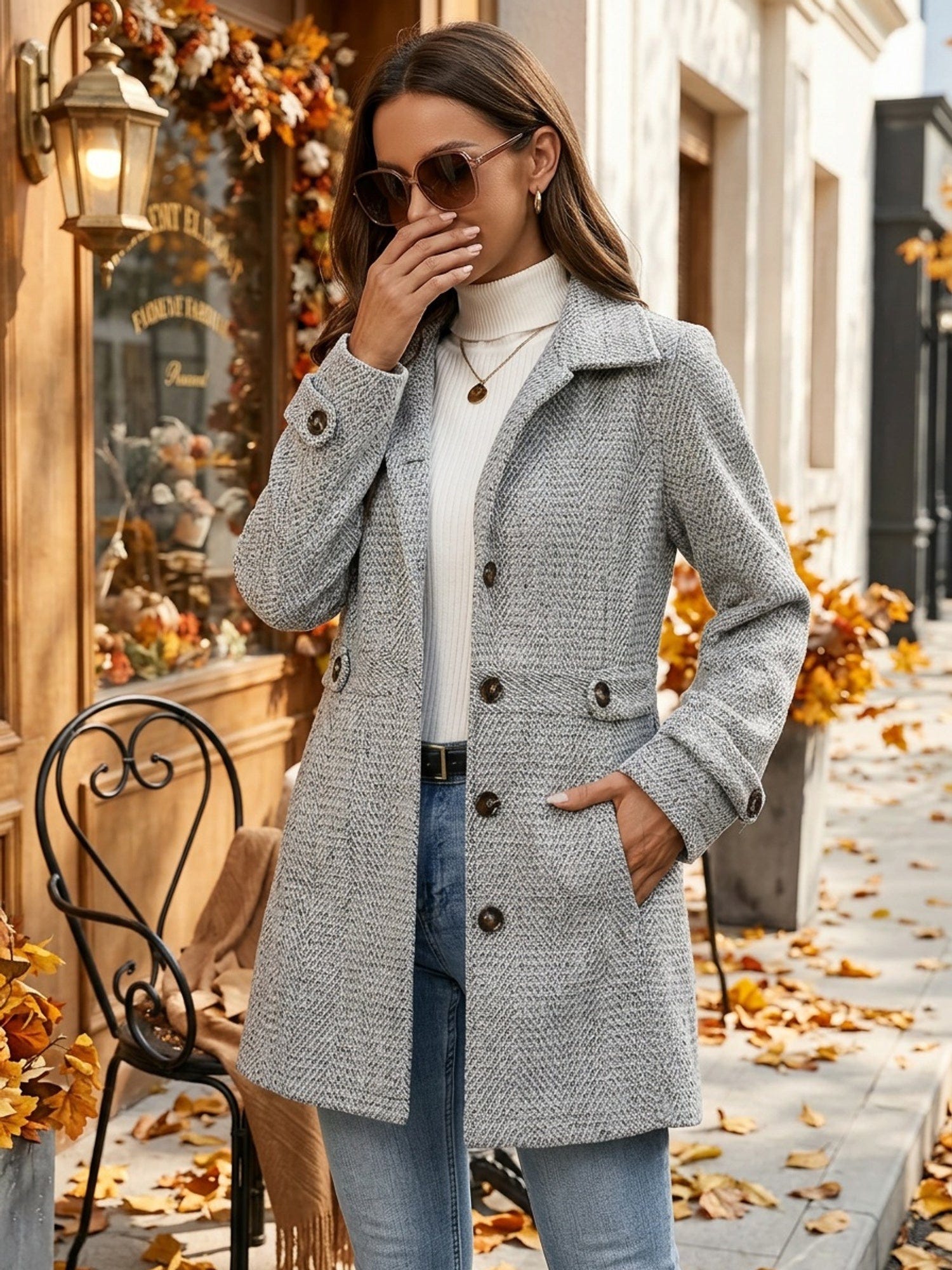 Selveste | Women's Herringbone Double Breasted Tailored Wool Coat