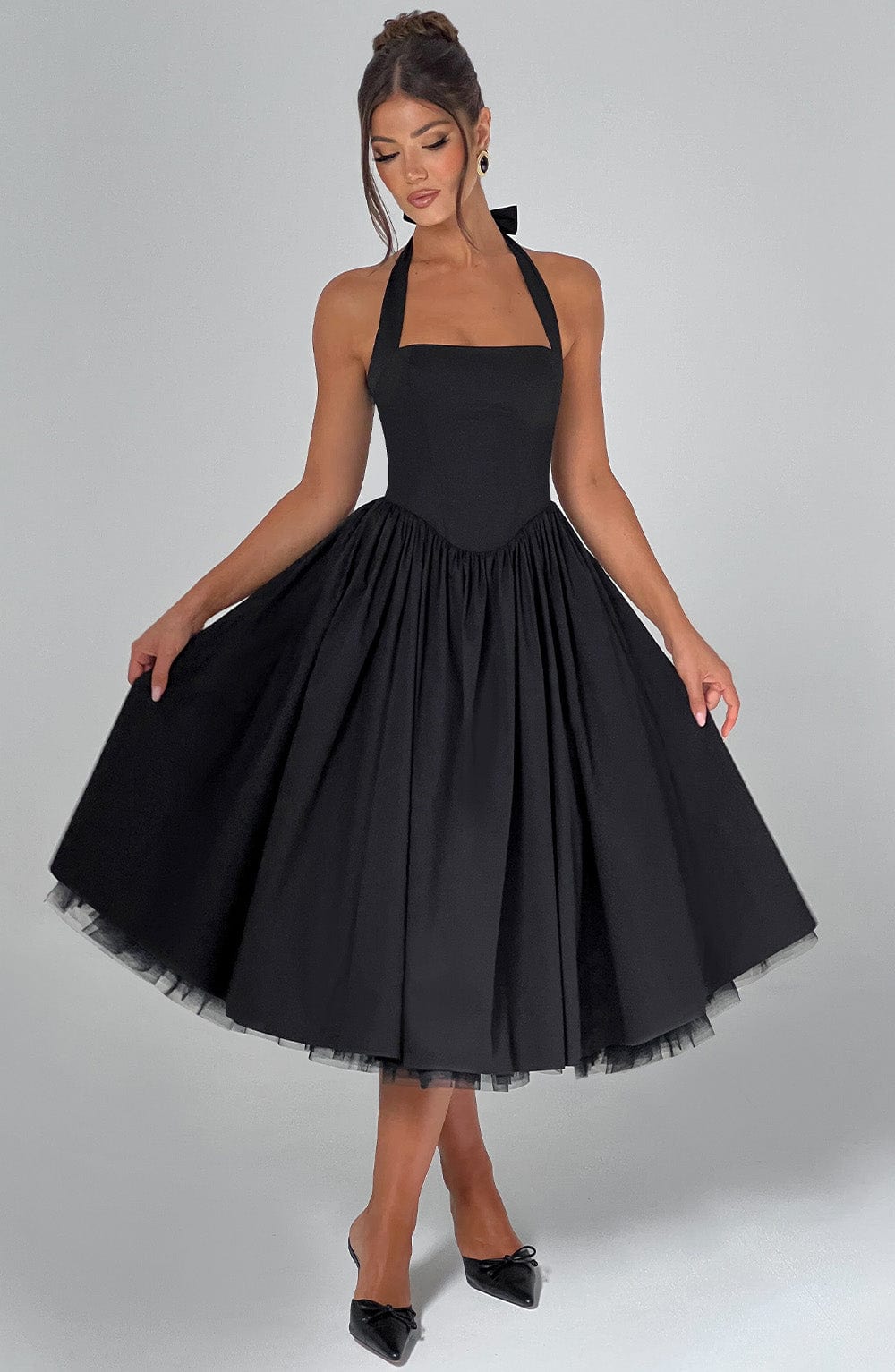 Chloe | Halter Tie Back Structured Bodice Voluminous Midi Wedding Guest Dress