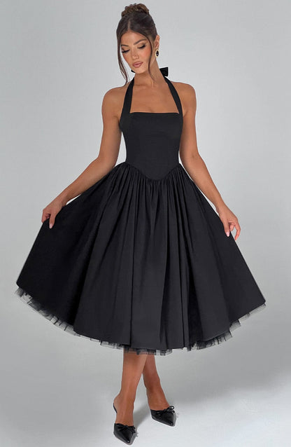 Chloe | Halter Tie Back Structured Bodice Voluminous Midi Wedding Guest Dress