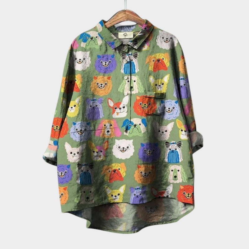 Milla | Dog Print Collared Button Down Long Sleeve Casual Blouse