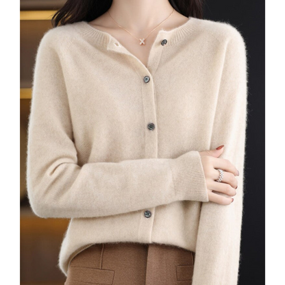Marnie | Women's Merino Wool Blend O-Neck Button-Front Knit Cardigan