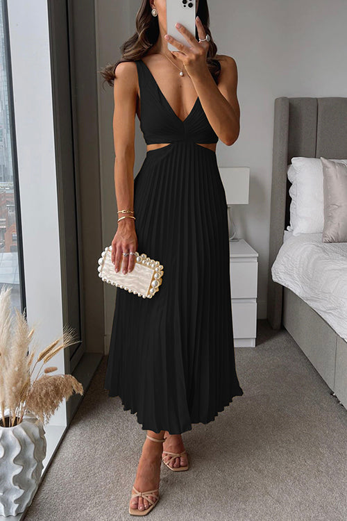 Evangeline | Deep V Neck Cut Out Pleated Maxi Wedding Guest Dress