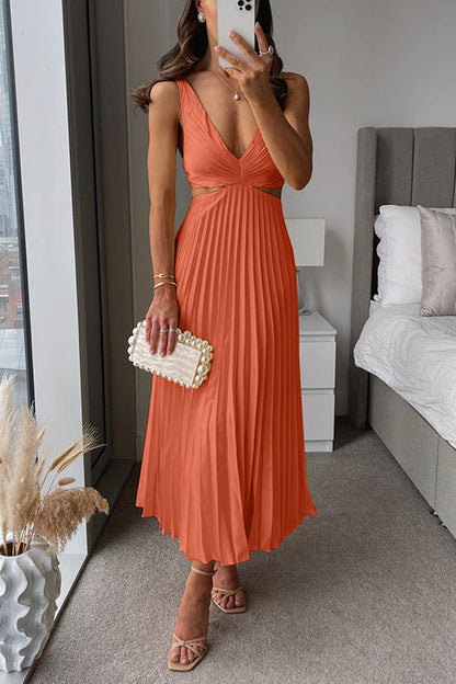 Evangeline | Deep V Neck Cut Out Pleated Maxi Wedding Guest Dress