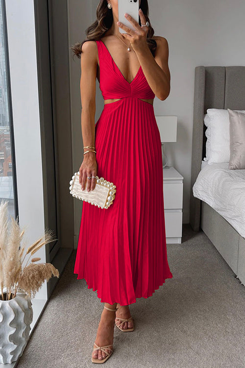 Evangeline | Deep V Neck Cut Out Pleated Maxi Wedding Guest Dress