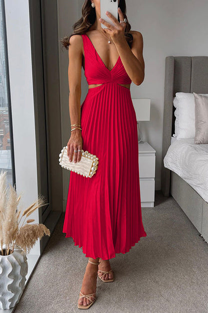 Evangeline | Deep V Neck Cut Out Pleated Maxi Wedding Guest Dress