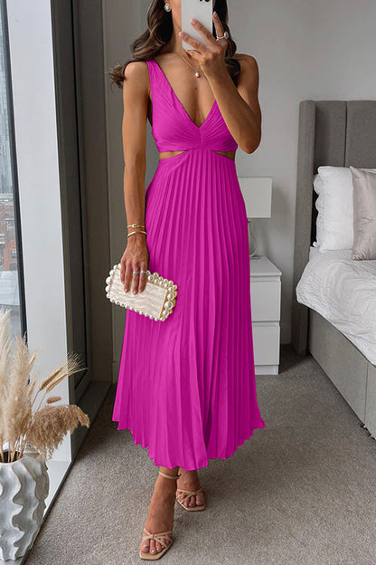 Evangeline | Deep V Neck Cut Out Pleated Maxi Wedding Guest Dress