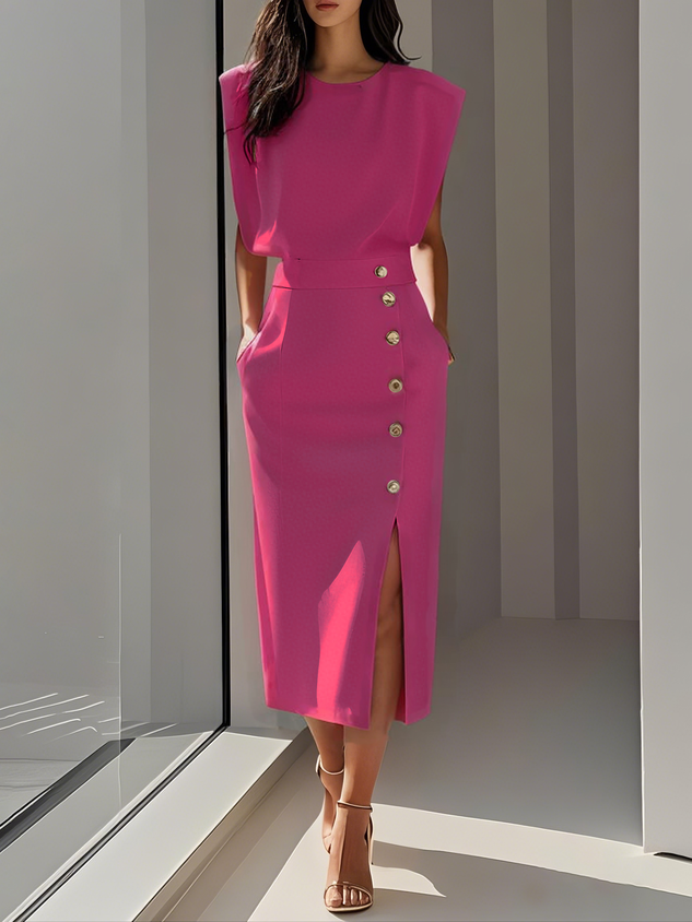 Quinn | Sleeveless Structured Shoulder Button Detail Fitted Midi Elegant Dress