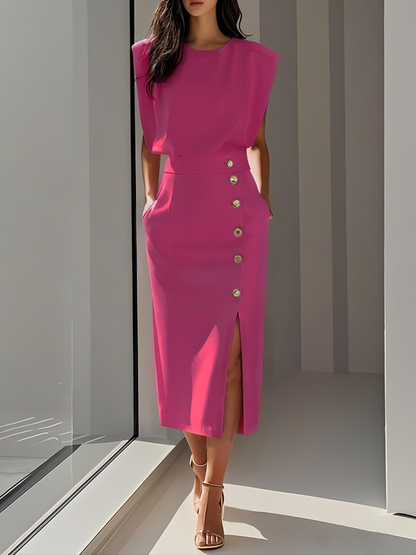 Quinn | Sleeveless Structured Shoulder Button Detail Fitted Midi Elegant Dress