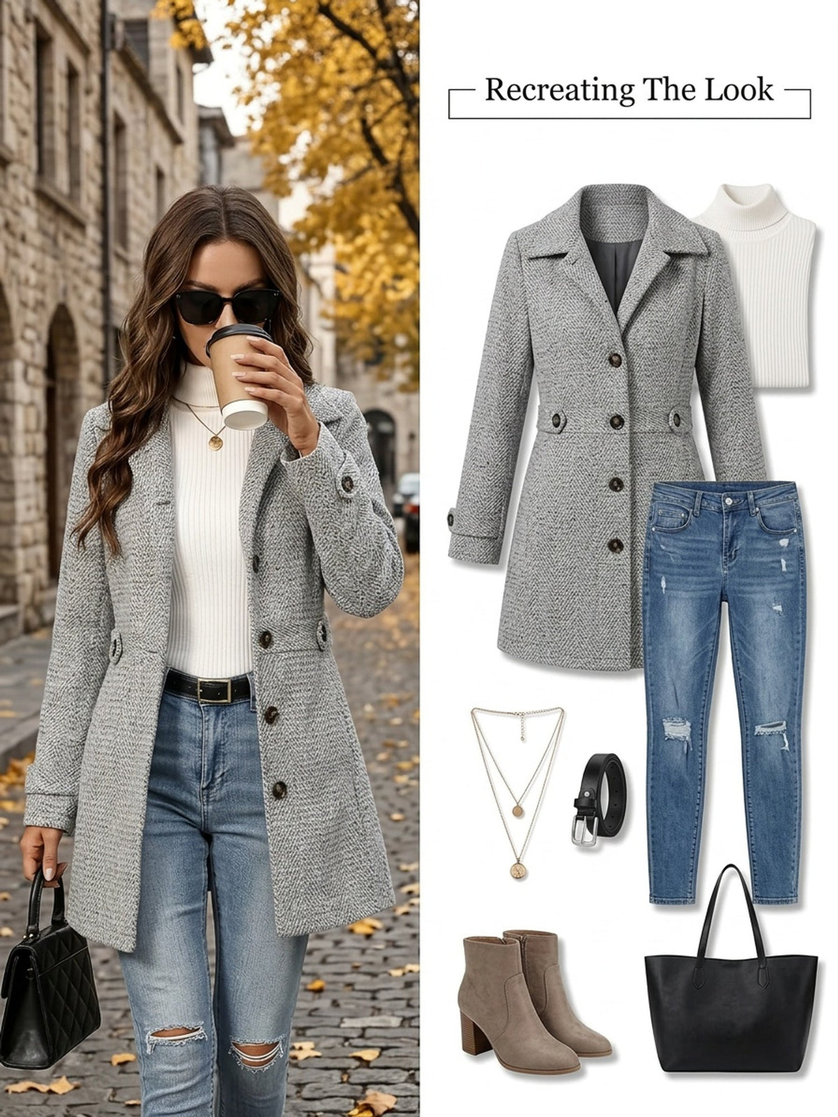Selveste | Women's Herringbone Double Breasted Tailored Wool Coat
