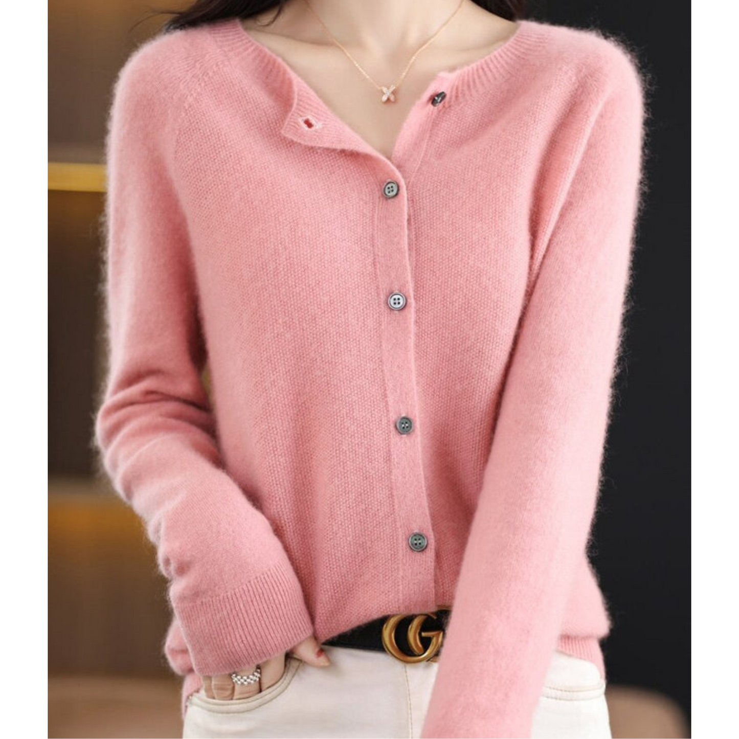 Marnie | Women's Merino Wool Blend O-Neck Button-Front Knit Cardigan