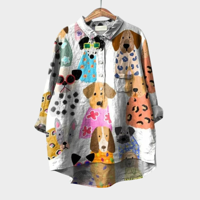 Milla | Dog Print Collared Button Down Long Sleeve Casual Blouse