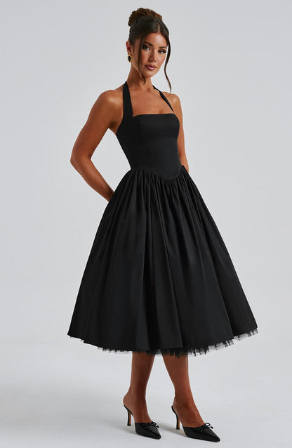 Chloe | Halter Tie Back Structured Bodice Voluminous Midi Wedding Guest Dress