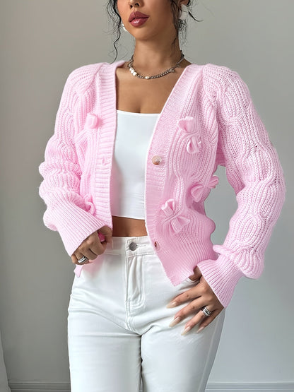 Rosalind | Women's Bow-Detail Cable Knit V-Neck Button-Front Cardigan
