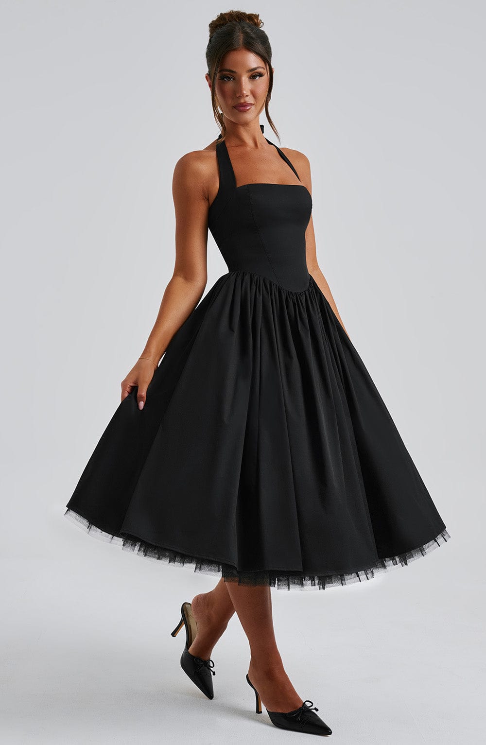 Chloe | Halter Tie Back Structured Bodice Voluminous Midi Wedding Guest Dress