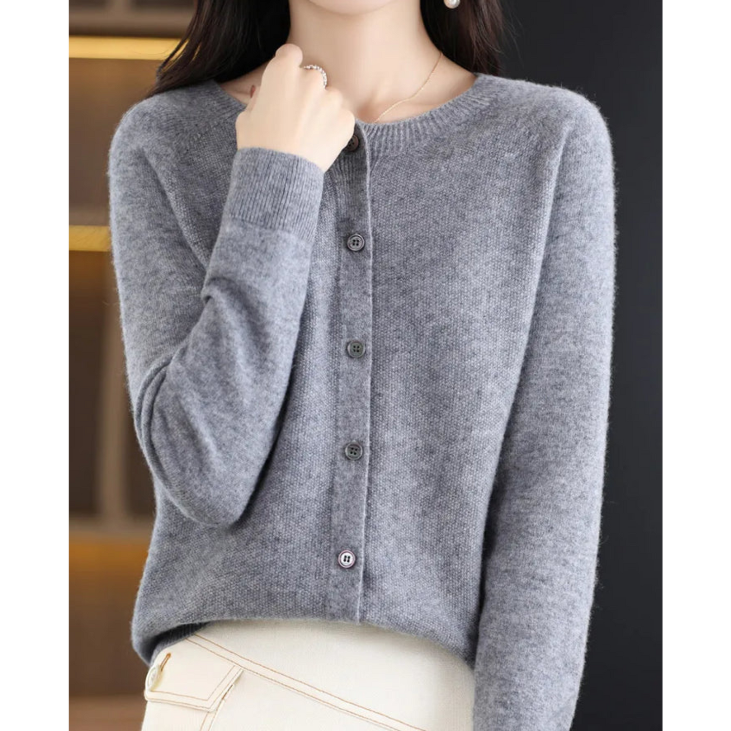 Marnie | Women's Merino Wool Blend O-Neck Button-Front Knit Cardigan