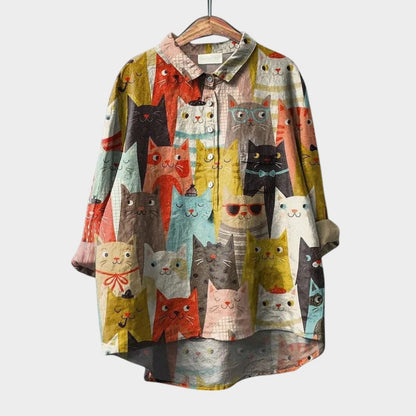 Milla | Dog Print Collared Button Down Long Sleeve Casual Blouse
