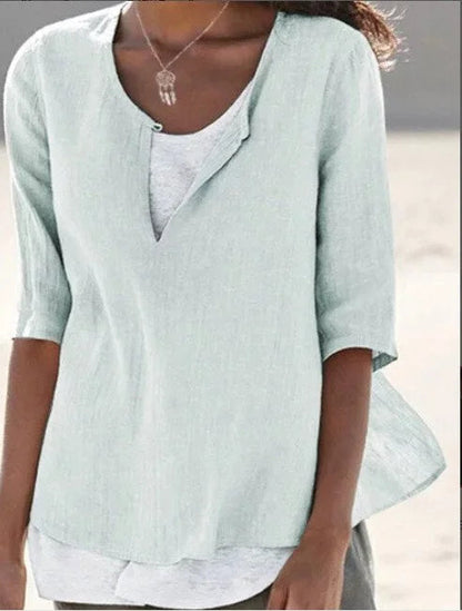 Maya | Split Neck 3/4 Sleeve Layered Hem Linen Blend Casual Top
