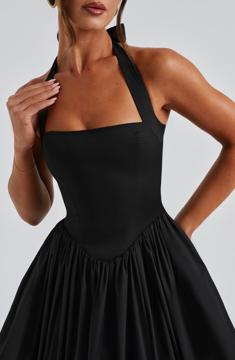 Chloe | Halter Tie Back Structured Bodice Voluminous Midi Wedding Guest Dress