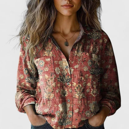 Delanoviah | Vintage Floral Lapel Collar Long Sleeve Boho Linen Blouse