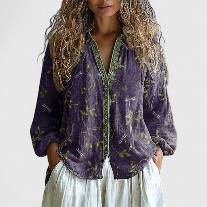 Mykayla | Printed V Neck Long Sleeve Contrast Trim Boho Blouse