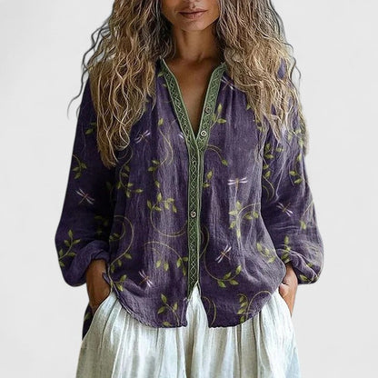 Mykayla | Printed V Neck Long Sleeve Contrast Trim Boho Blouse