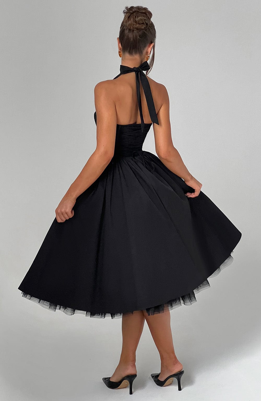 Chloe | Halter Tie Back Structured Bodice Voluminous Midi Wedding Guest Dress