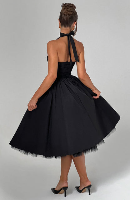 Chloe | Halter Tie Back Structured Bodice Voluminous Midi Wedding Guest Dress