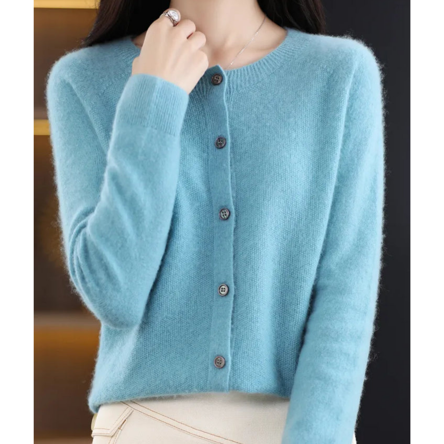 Marnie | Women's Merino Wool Blend O-Neck Button-Front Knit Cardigan
