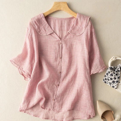 Vivian | Peter Pan Collar Puff Sleeve Cotton Linen Blend Blouse