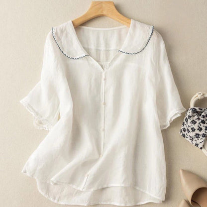 Vivian | Peter Pan Collar Puff Sleeve Cotton Linen Blend Blouse