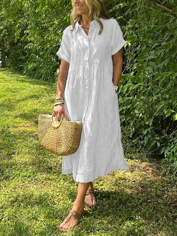 Brooke | Striped Button Up Collared Short Sleeve Casual Summer Midi Dress