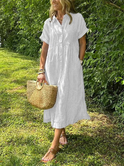 Brooke | Striped Button Up Collared Short Sleeve Casual Summer Midi Dress