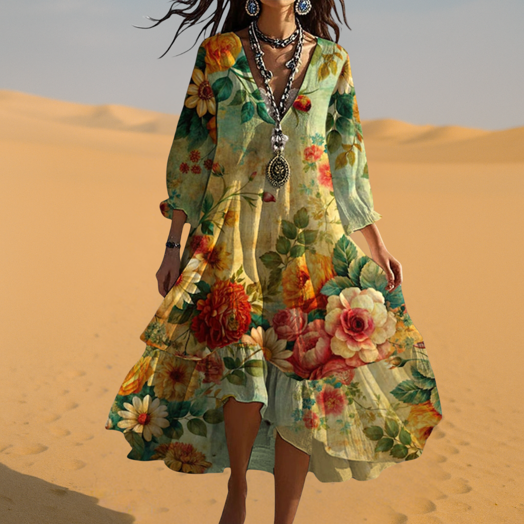 Flora | Floral V Neck 3/4 Sleeve Tiered Loose Boho Midi Dress