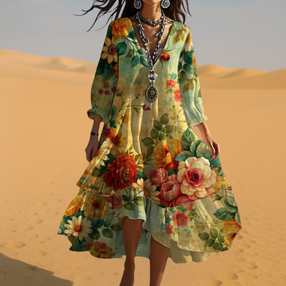 Flora | Floral V Neck 3/4 Sleeve Tiered Loose Boho Midi Dress