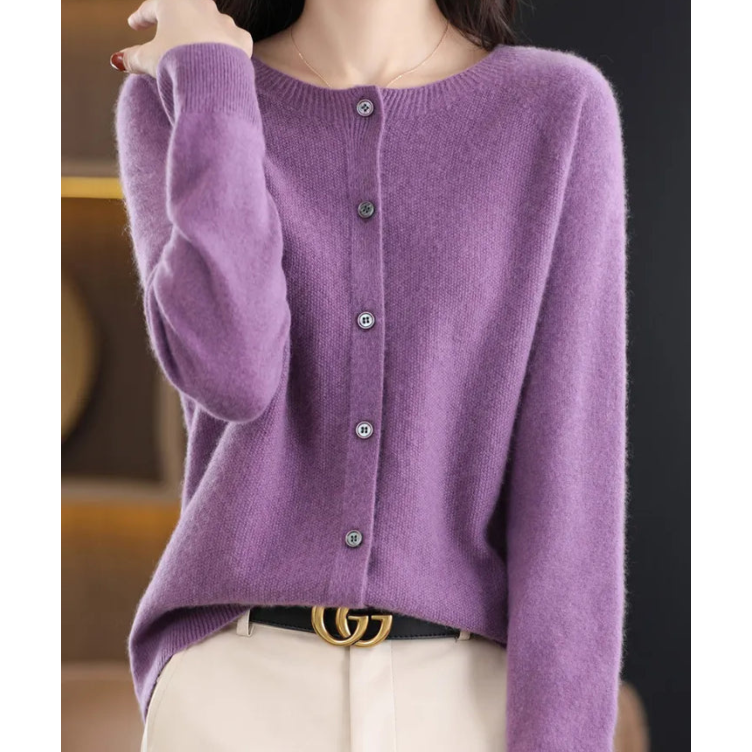 Marnie | Women's Merino Wool Blend O-Neck Button-Front Knit Cardigan