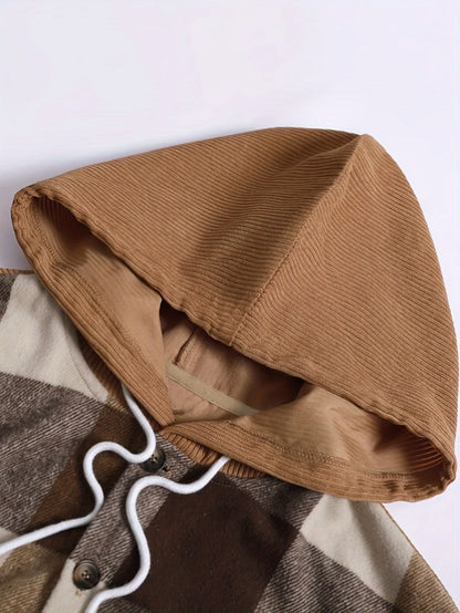 Thaddeus | Men's Plaid Hooded Corduroy Pocket Overshirt Jacket