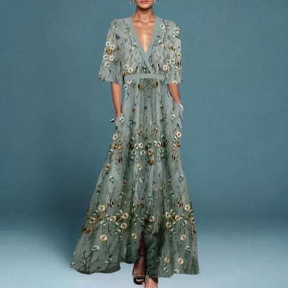Eden | Floral Embroidered Deep V Neck A-Line Maxi Wedding Guest Dress