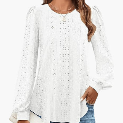 Elowen | Women's Eyelet Lantern Sleeve Round Neck Top