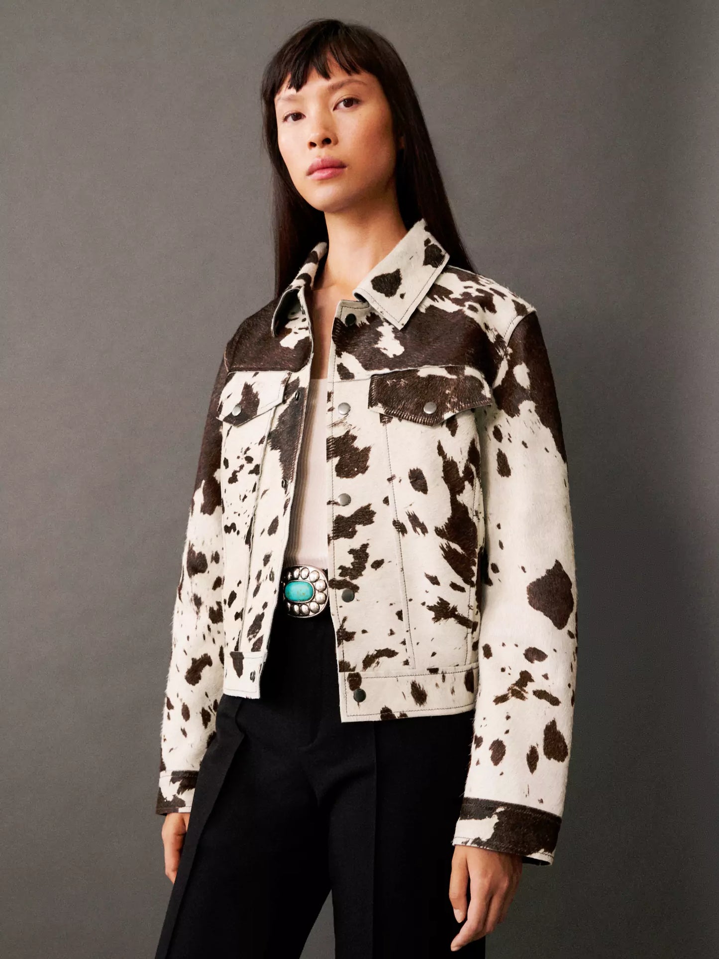 Saskia | Women's Western Cropped Cow Print Fake Fur Jacket
