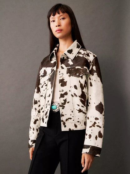 Saskia | Women's Western Cropped Cow Print Fake Fur Jacket