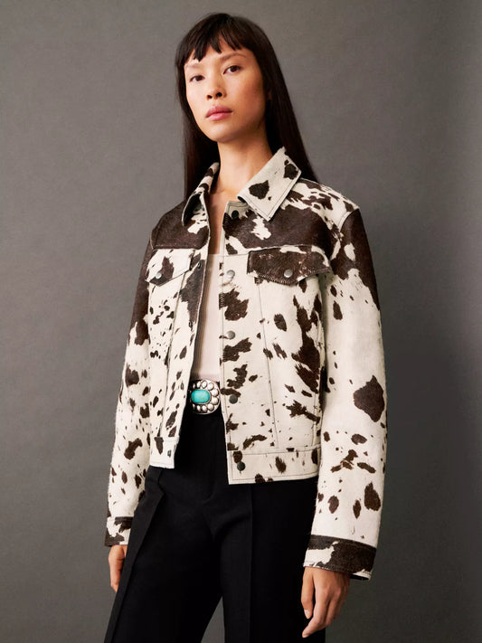 Saskia | Women's Western Cropped Cow Print Fake Fur Jacket