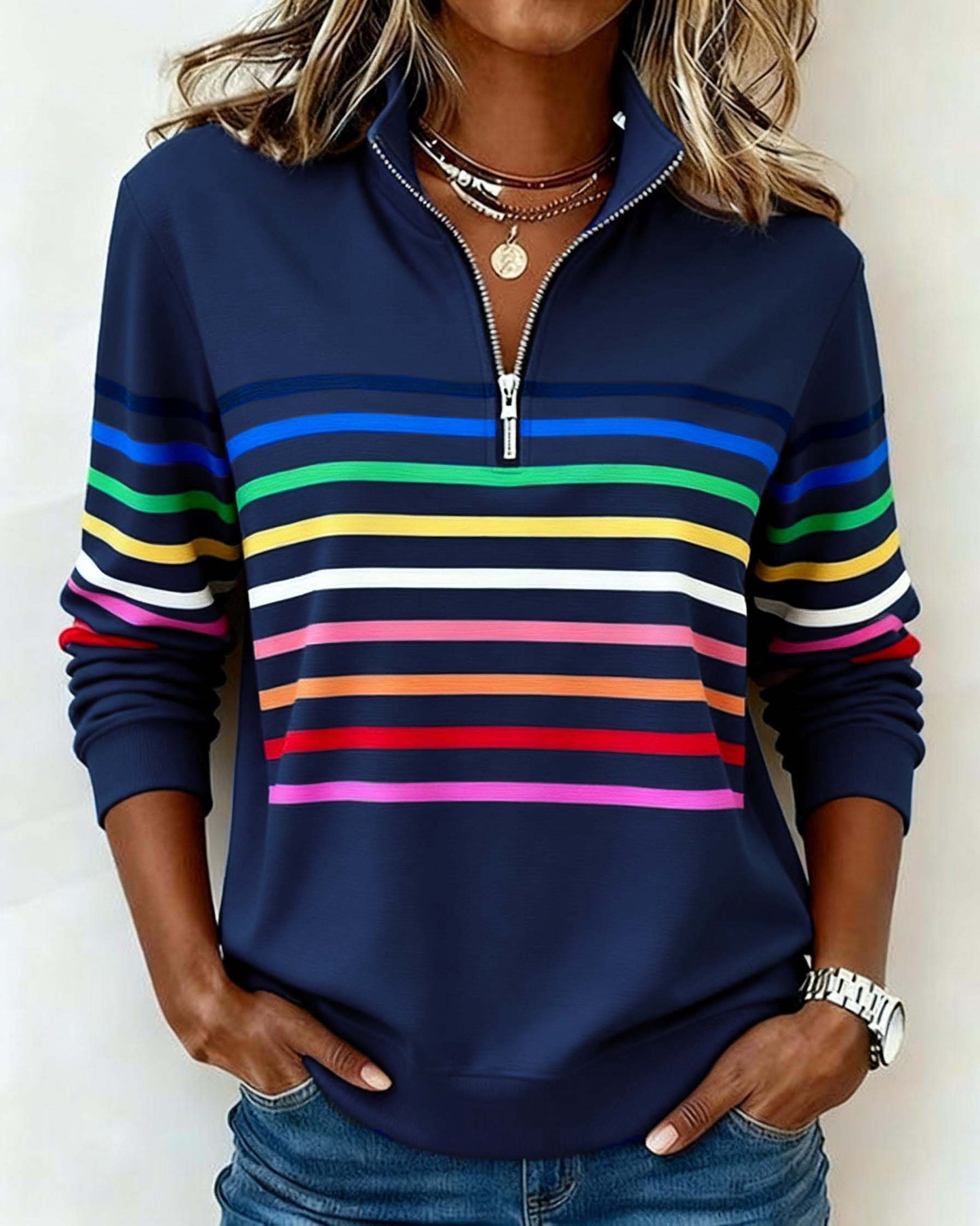 Remi | Multicolor Stripe Quarter Zip Stand Collar Casual Sweatshirt