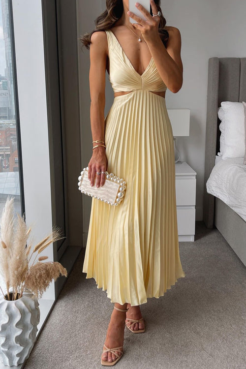 Evangeline | Deep V Neck Cut Out Pleated Maxi Wedding Guest Dress