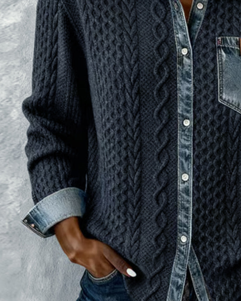Sierra | Women's Cable-Knit Denim-Trim Button-Front Long Sleeve Shirt