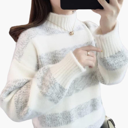 Freya | Women's Mock Neck Striped Fuzzy Knit Sweater