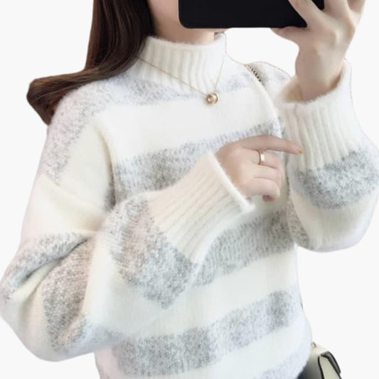 Freya | Women's Mock Neck Striped Fuzzy Knit Sweater