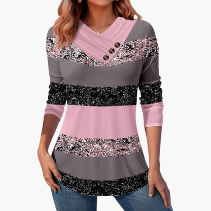Marlowe | Women's Colorblock Striped Button-Detail Long Sleeve Top