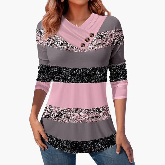 Marlowe | Women's Colorblock Striped Button-Detail Long Sleeve Top